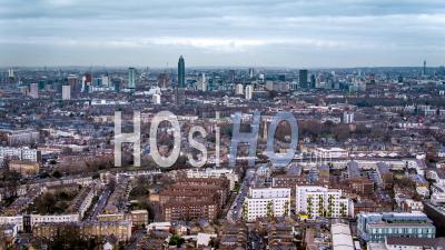 London Skyline, Battersea And Westminster, Cloudy Day - Video Drone Footage