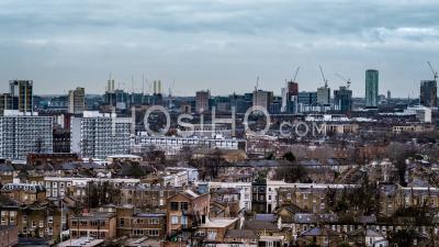 London Skyline, Battersea, Cloudy Day - Video Drone Footage