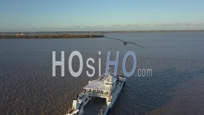 Aerial View, Maritime Transport, Blaye Pier, Boat, Ferry, Blaye Citadel, Gironde, France - Video Drone Footage